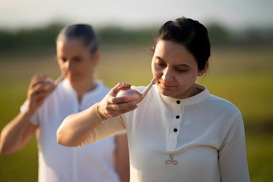 Practising Jala Neti with a copper neti pot outdoors at golden hour
