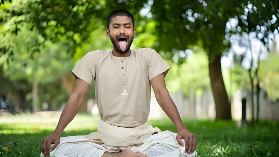 Seated lion practice with the tongue extended