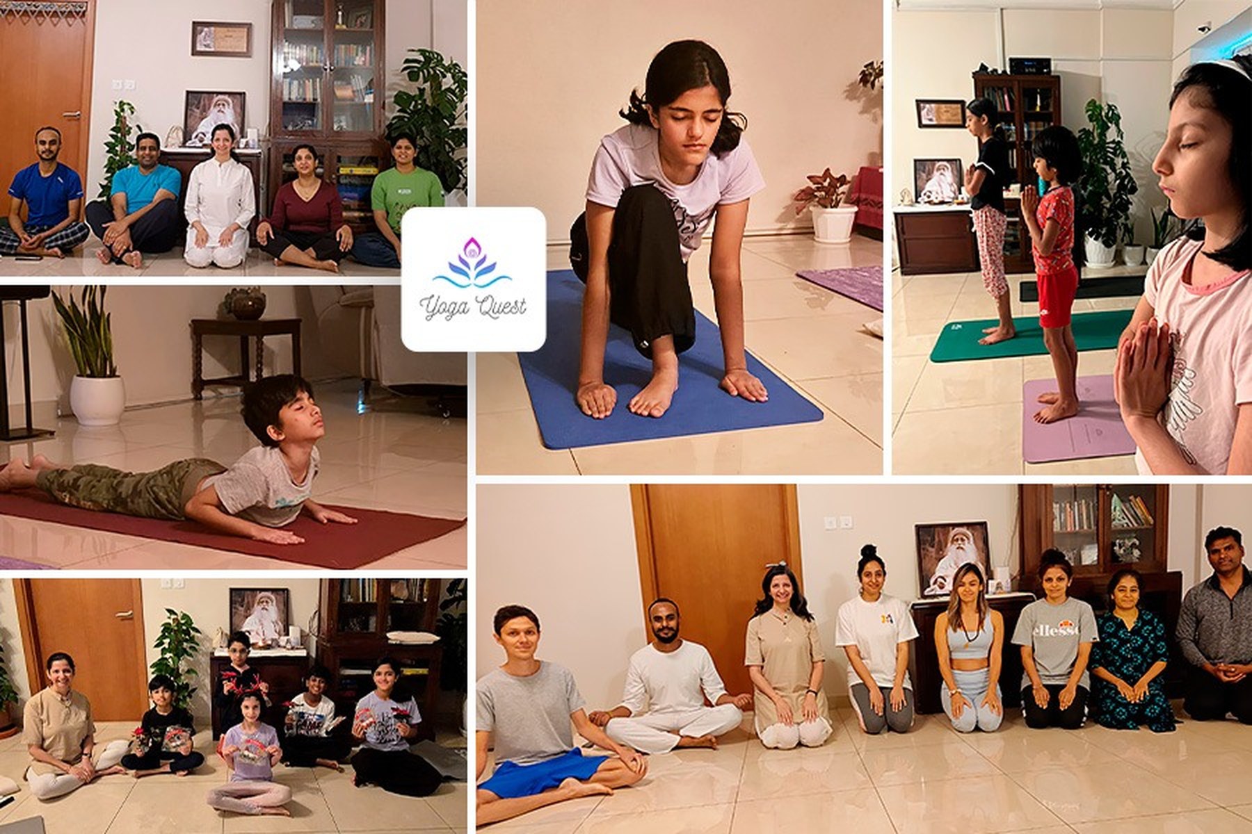 A montage of classes at Yoga Quest: groups of adult students seated with Persis, and children practising postures in the studio